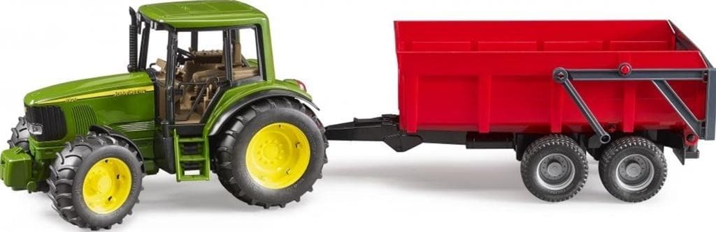 Traktor John Deere 6920 z czerwoną przyczepą wywrotką
