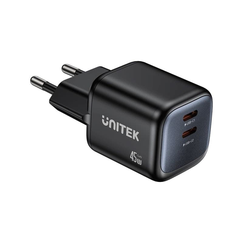 UNITEK Ładowarka Sieciowa 2x GaN 45W, 2x USB-C PD 3.0, QC, Czarna