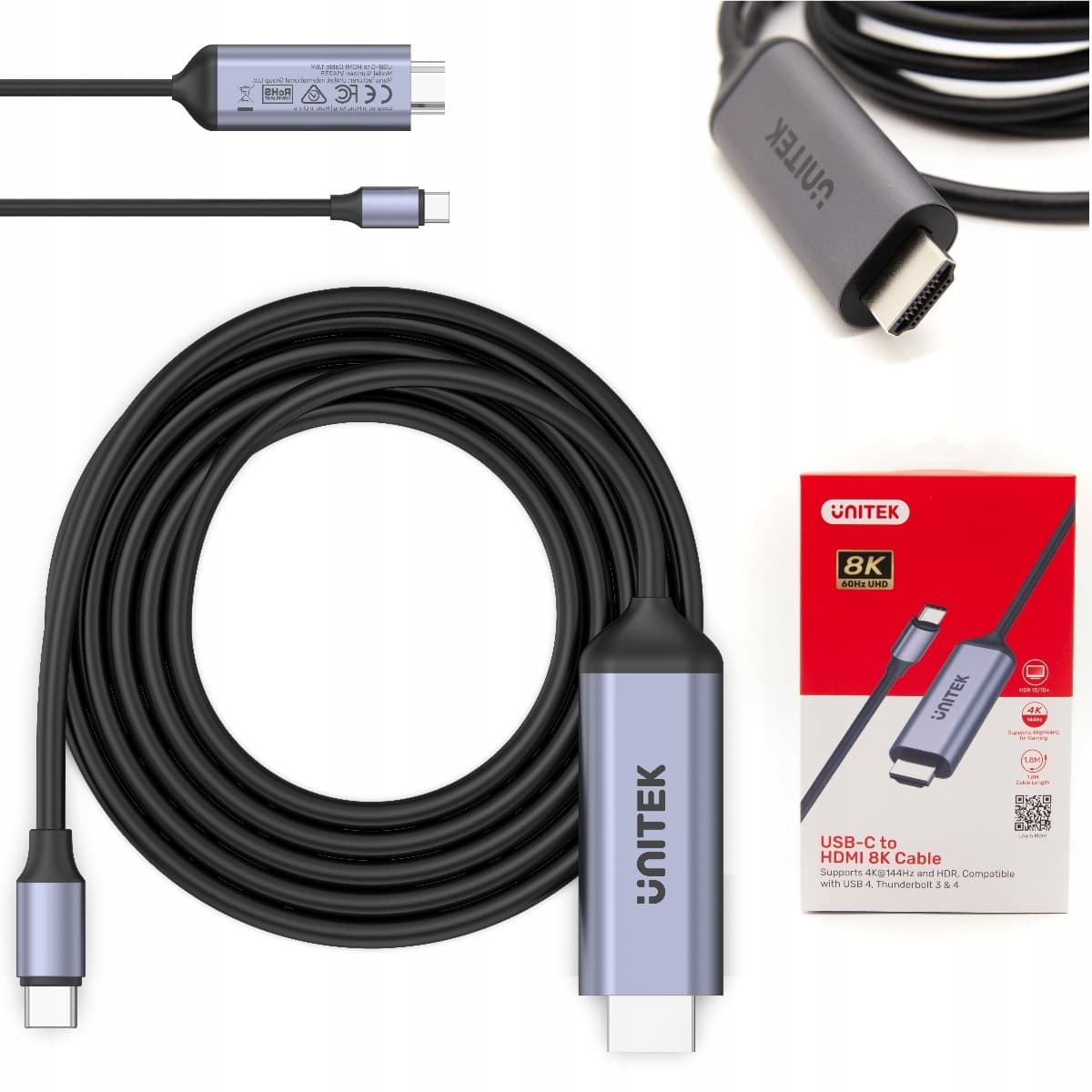 UNITEK Kabel USB-C - HDMI 8K, USB 4, HDR10+, 1.8m