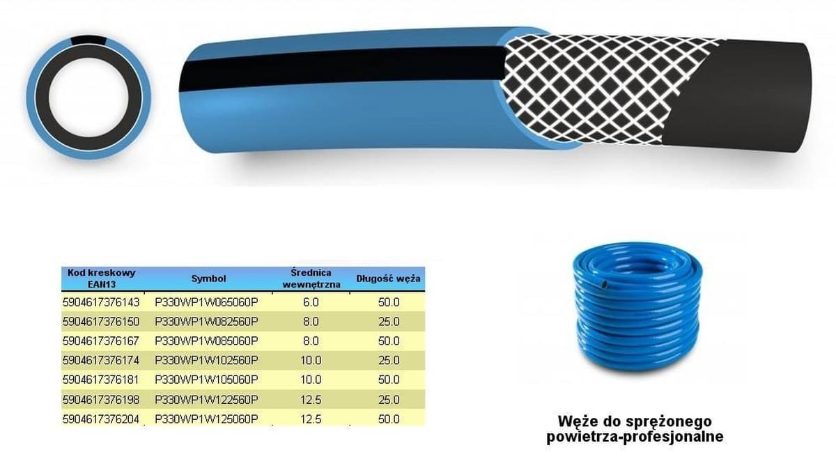 Wąż do sprężonego powietrza FI 10mm x 50m, niebieski, profesjonalny