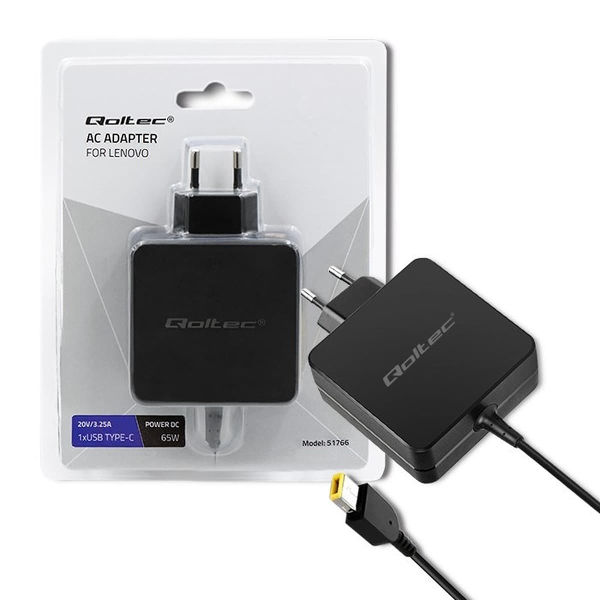 Zasilacz Qoltec do Lenovo 65 W 20 V 3,25 A Slim Tip czarny