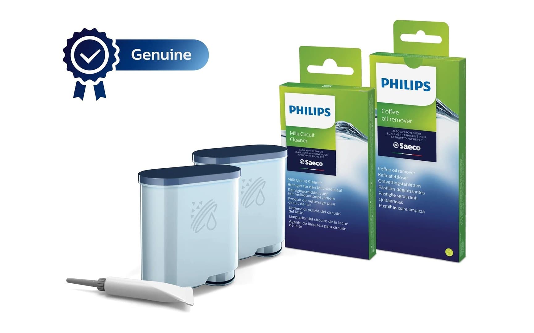 Zestaw akcesoriów do czyszczenia ekspresów Philips CA6707/10 2 wkłady filtra AquaClean, 6 saszetek środka do czyszczenia obiegu mleka, 6 tabletek do usuwania oleju kawowego, smar