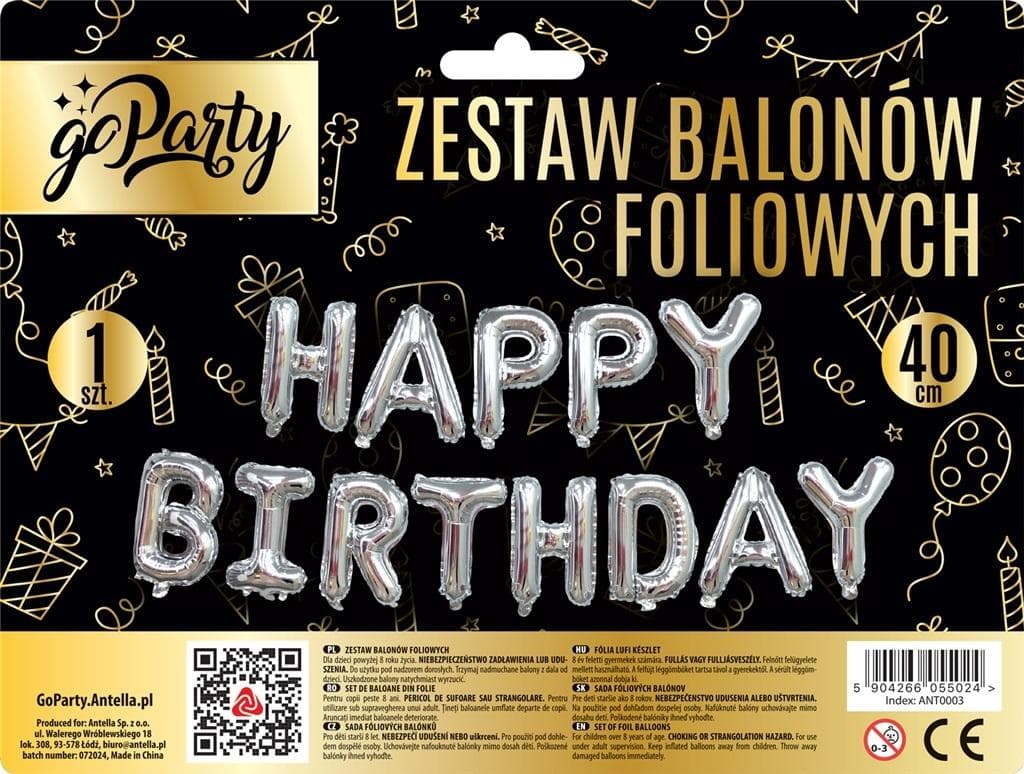 Zestaw balonów Happy Birthday srebrne 40 cm