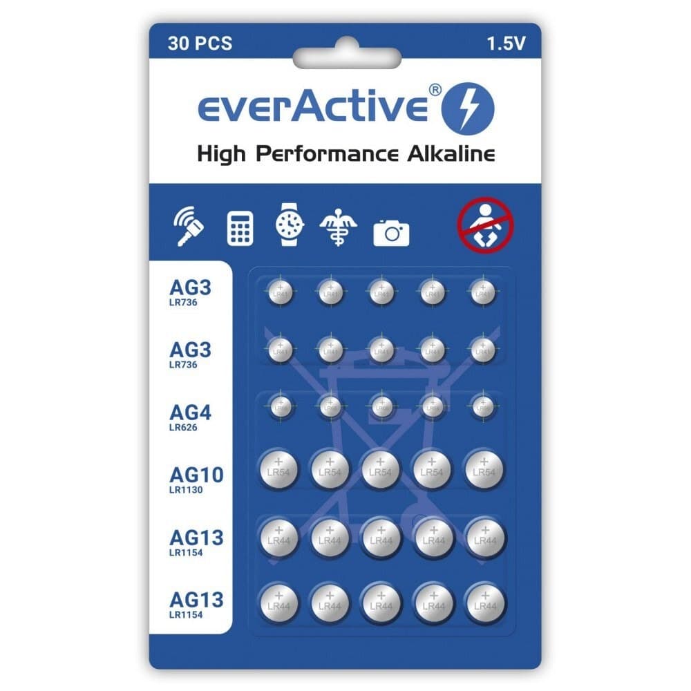 Zestaw baterii alkalicznych Everactive: 10 x G3/LR41, 5 x G4/LR626, 5 x G10/LR1130, 10 x G13/LR1154