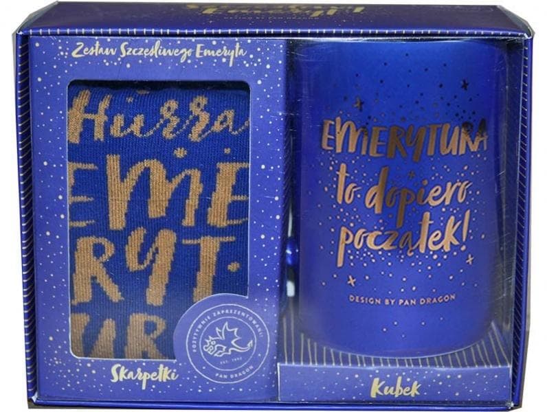Zestaw kubek ceramiczny i skarpety Emerytura w pudełku prezentowym