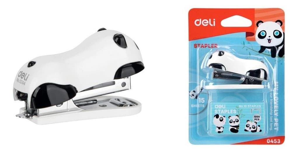 Zszywacz biurowy Deli do 15 kartek zszywki nr 10 wzór panda biały